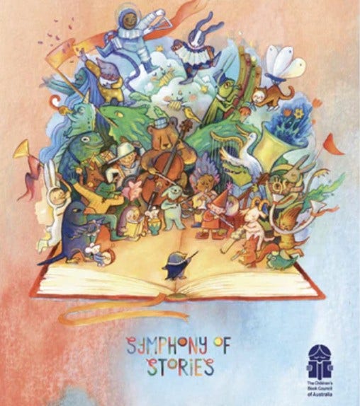 A Symphony of Stories illustration showing storybook characters playing a variety of musical instruments